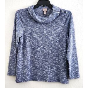 Sweater-Chico's-Denim Blue and White-Cowl Neck Zipper-3/4 Sleeves-Chico's 2/Med